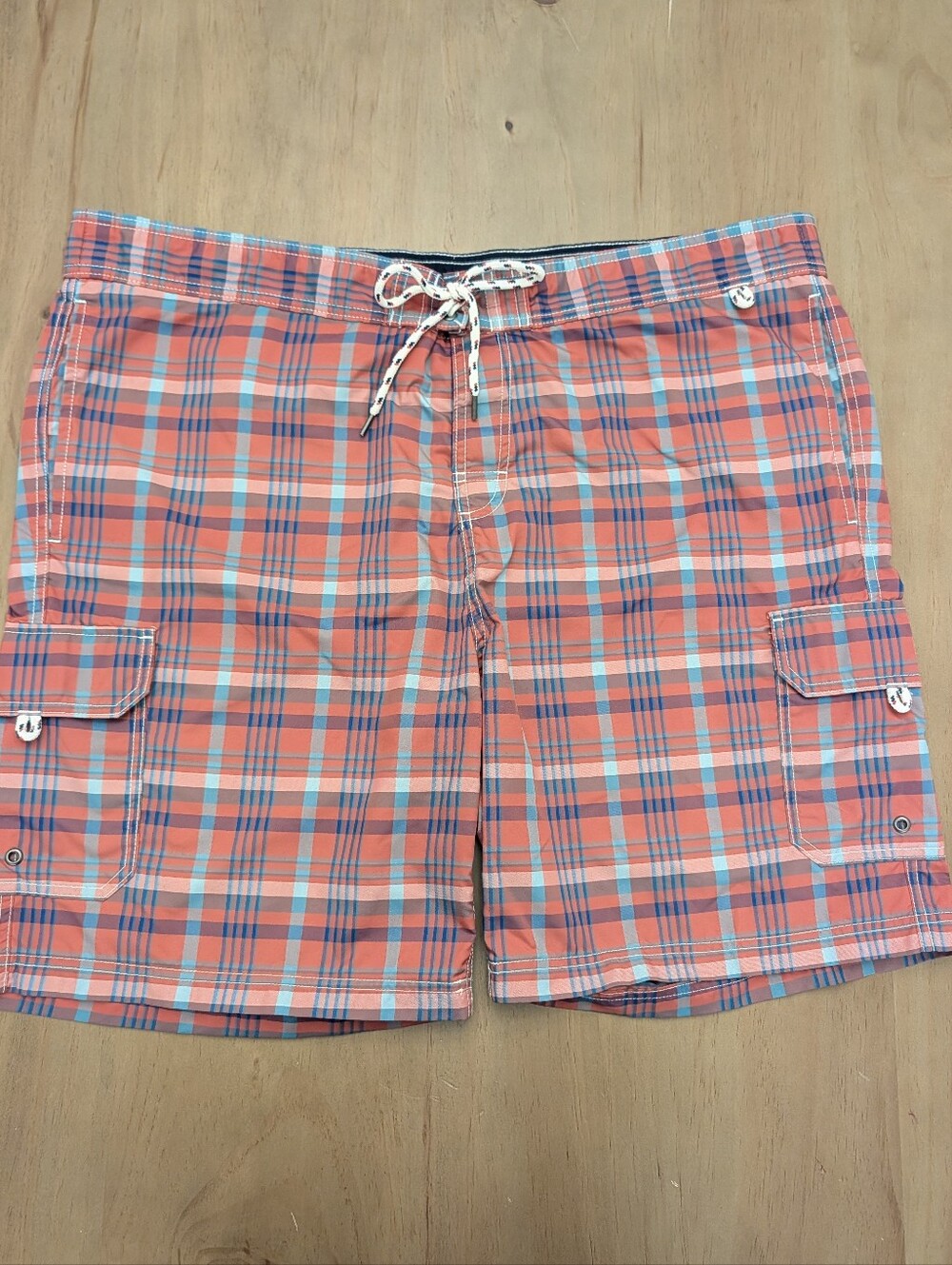 Lands' End Coral and Light Blue Plaid Men's Swim Board Shorts Size XL 40-42